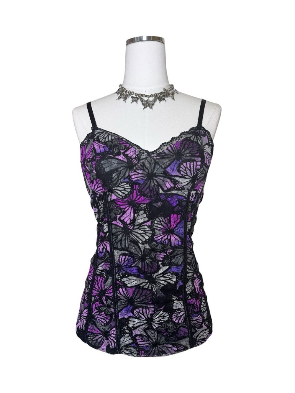 Y2K No Boundaries Purple + Black Butterfly Lace Cami Top Size Large
